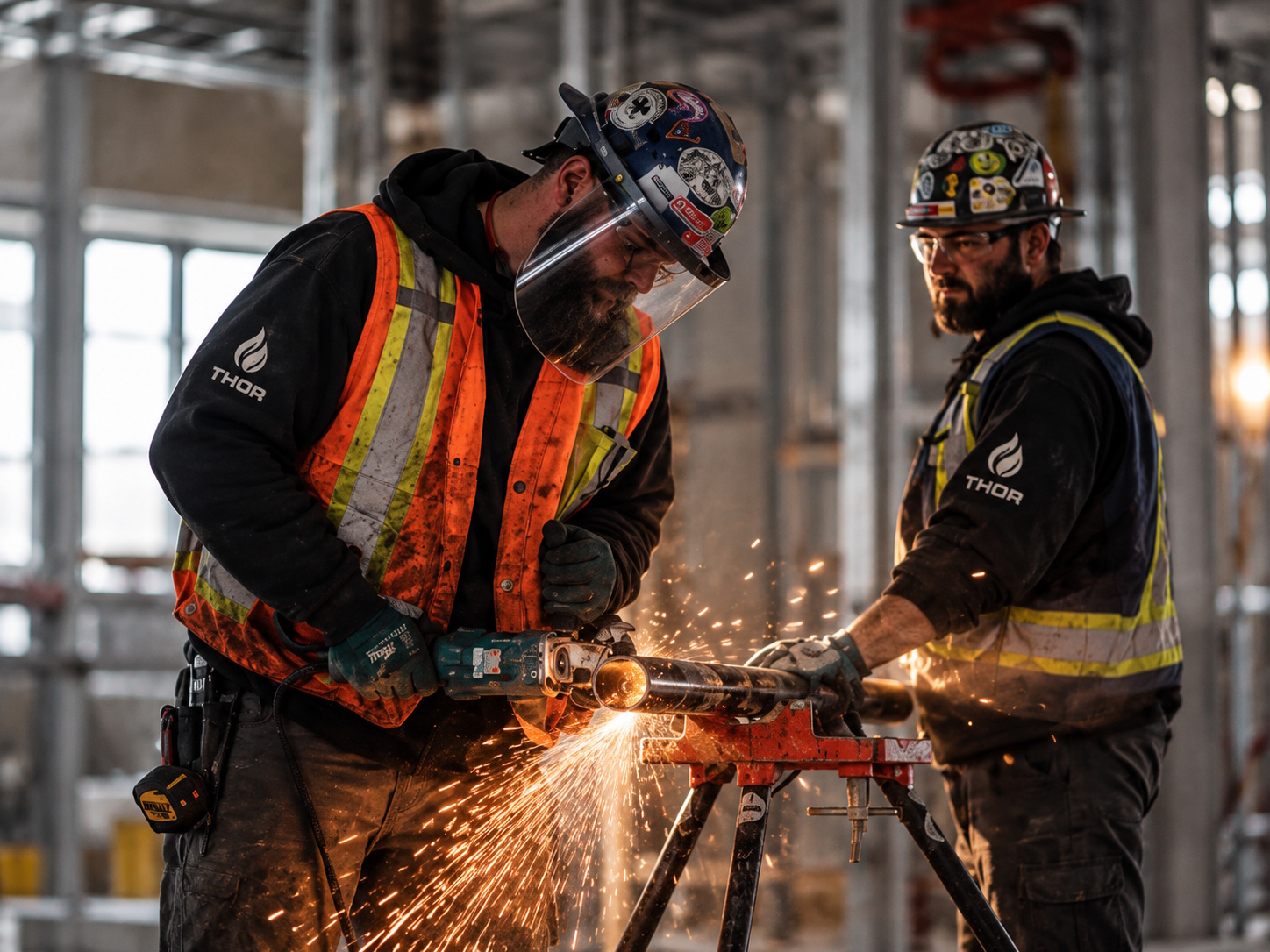 Two Thor tradespeople in hard hats and hi-vis gear cutting steel pipe on a jobsite, sparks flying from the grinder