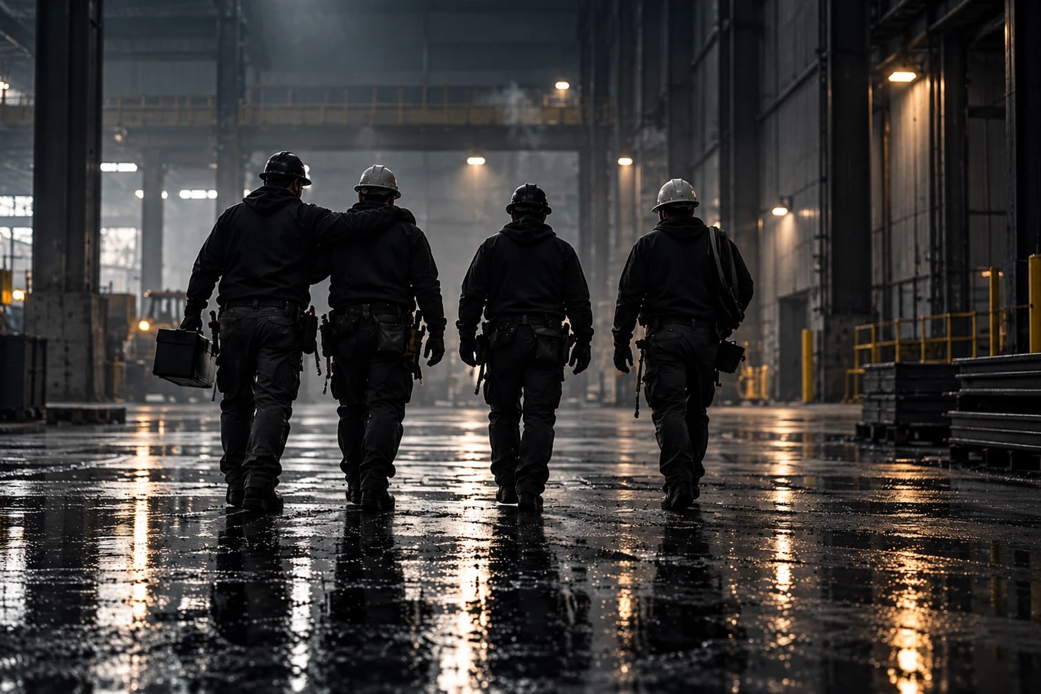 Four Thor tradespeople in hard hats and work gear walking away together down a wet industrial bay, one with an arm around the shoulder of the tradesperson beside them